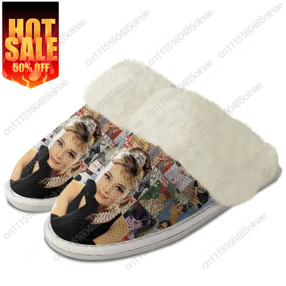 Audrey Hepburn Actress Plush Slippers Keep Warm Shoes Mens Womens Breathable Home Cotton Thermal Lightweight Slipper