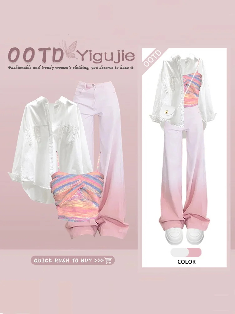 Loose Women's Summer Shirt Top Gradient Denim Skirt Set High Waist Long Sleeve Striped Casual Fashion Three-Piece Ensemble