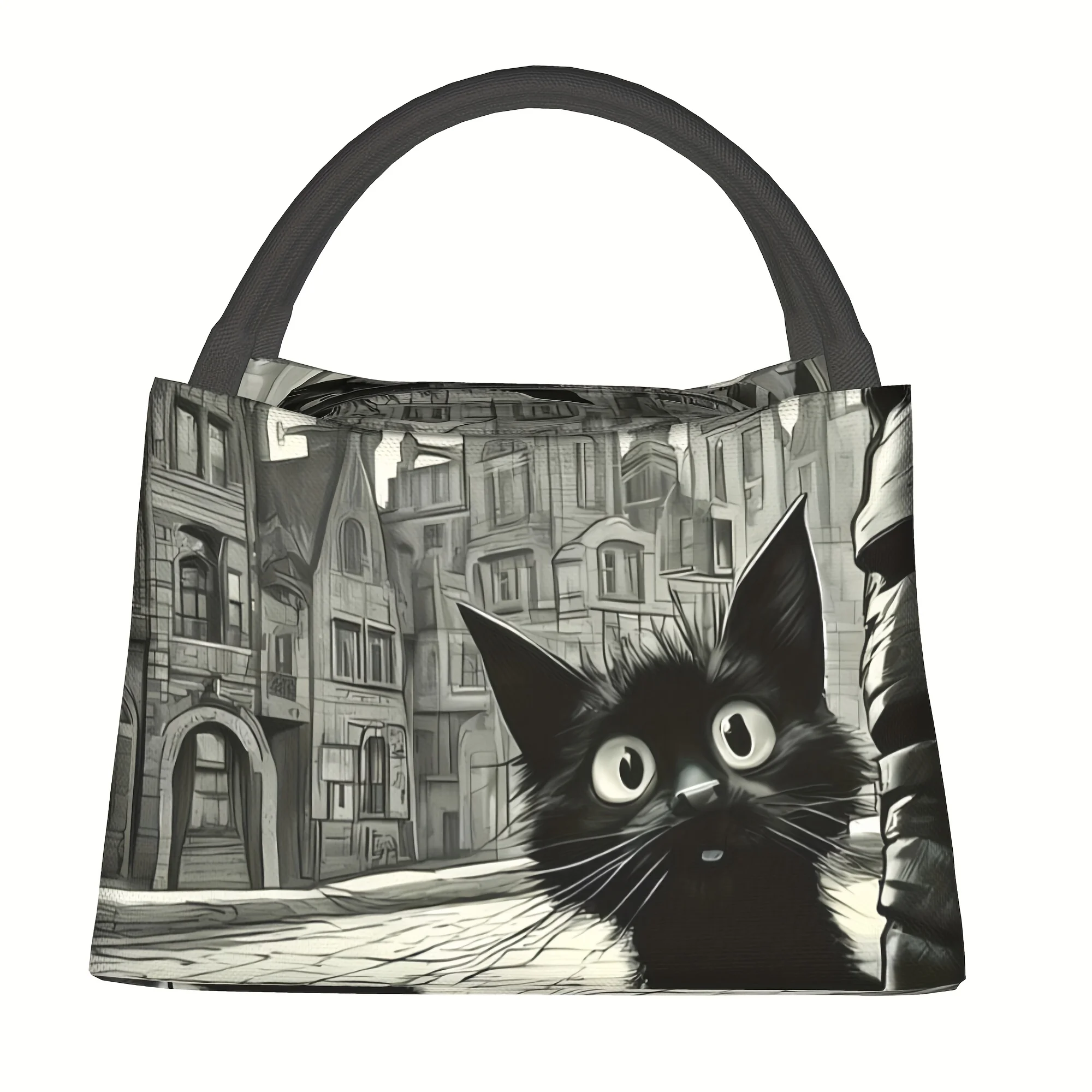 

1pc Vintage Black Cat & European Street Scene Insulated Lunch Bag - Reusable Refrigerated Cooler Tote for Camping, Beach