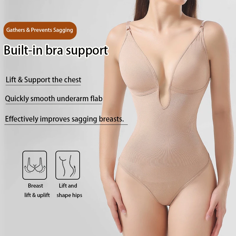 Women's Seamless Shapewear Backless Bodysuit Deep V Tummy Control Thong Body Shaper Slimming Push Up Camisole Full Body Shaper view 3