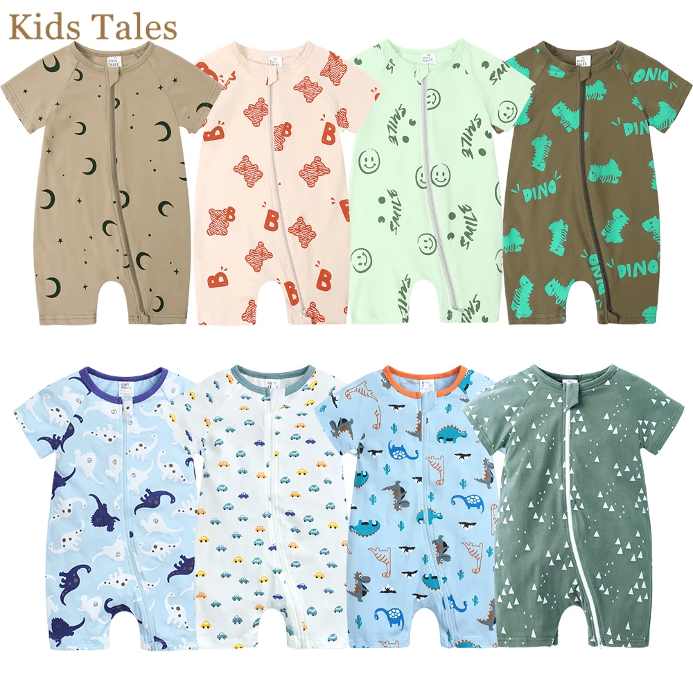 Newborn Baby Boys Girls Cartoon Print Romper Infant Short Sleeve Summer Cotton Bodysuit Infant Double Zipper Jumpsuit Clothes