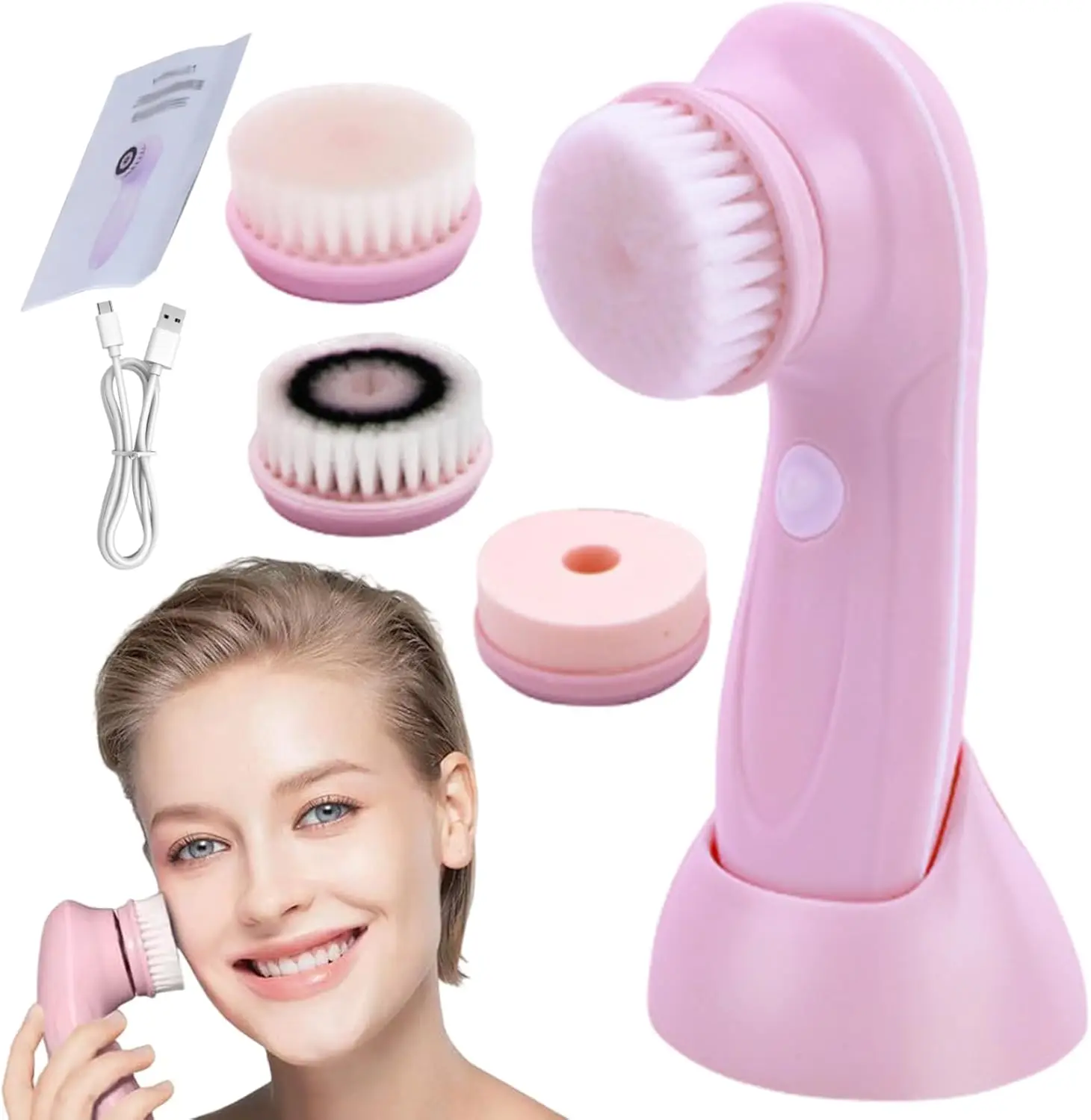 

1Set Electric Face Brush With 3 Interchangeable Heads Electric Face Scrubber 3 In1 Exfoliating Massage USB Rechargeable Face