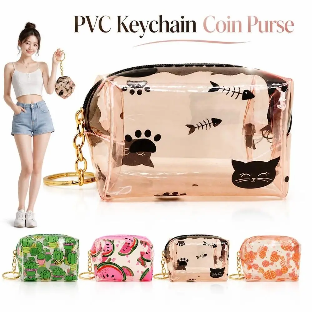 Portable Waterproof PVC Coin Purse Transparent Zippered Mini Keychain Pouch Printed Lightweight Zipper Change Wallet Women