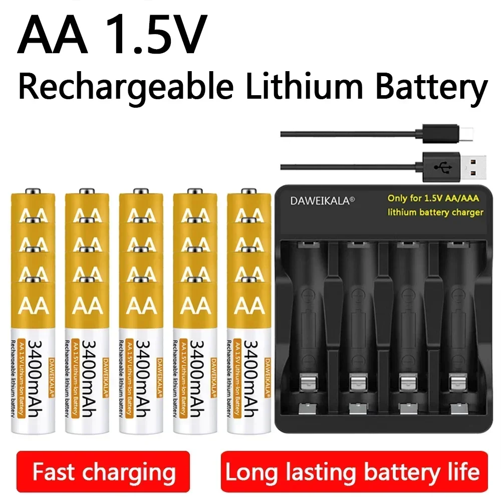 

Lithium-ion 1.5V AA Battery 3400mAh Rechargeable Battery AA for remote control mouse fan Alarm clock with USB charger