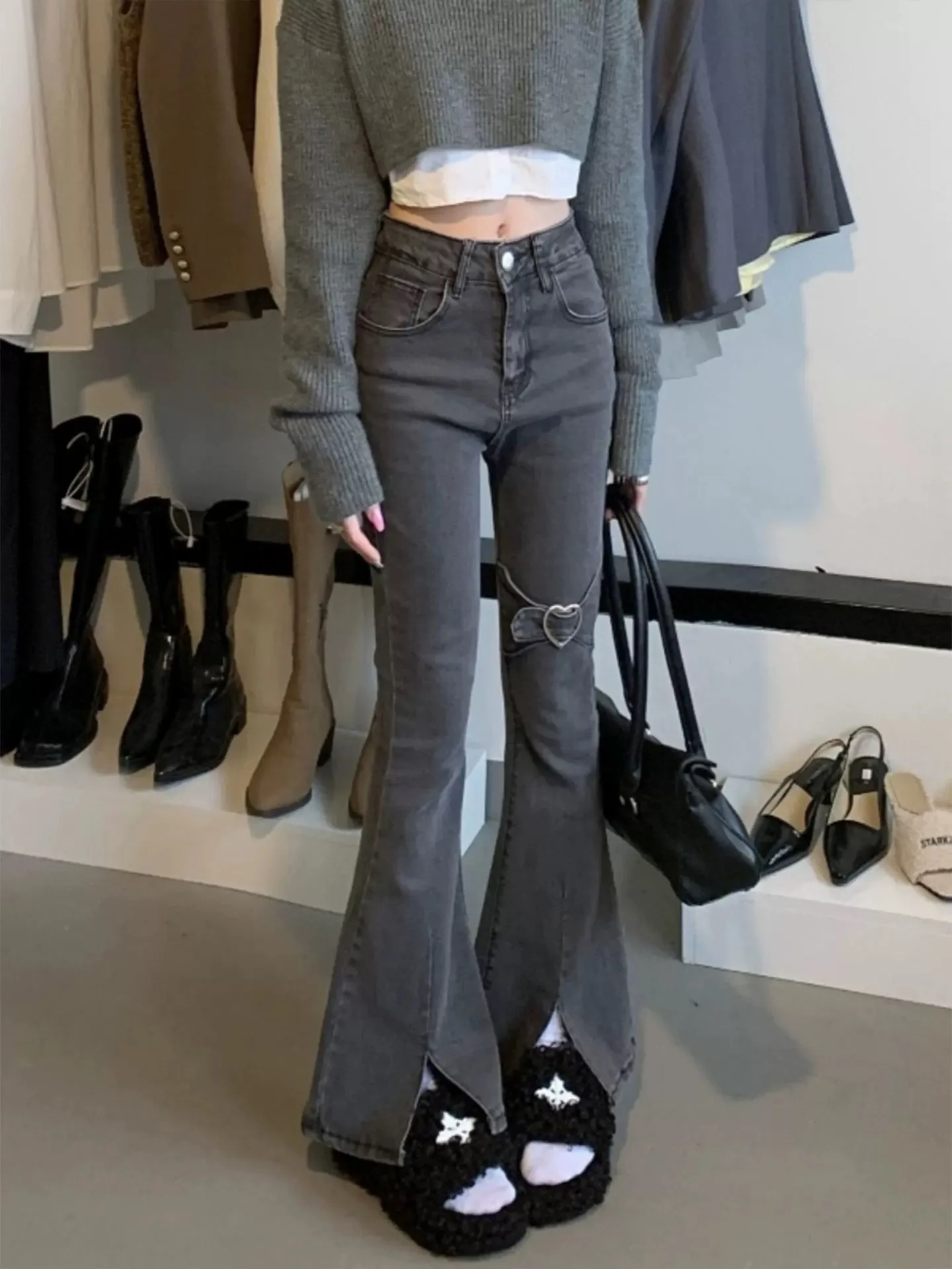 

Women's Split Flared Pants Autumn New Item Black Gray High Waisted Slim Fit Micro Flared Pants Casual Jeans