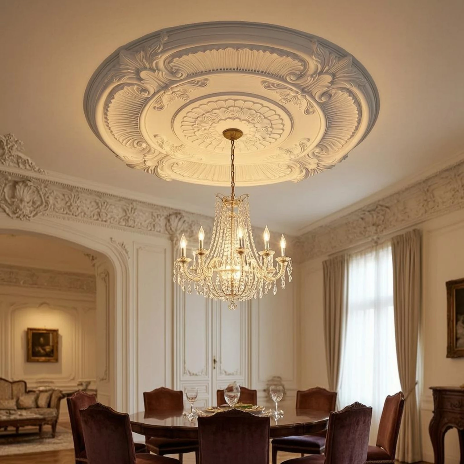 Round Ceiling Medallion White Ornamental Ceiling Medallion Lamp Base Panel Central Opening Home Decoration Easy to Install