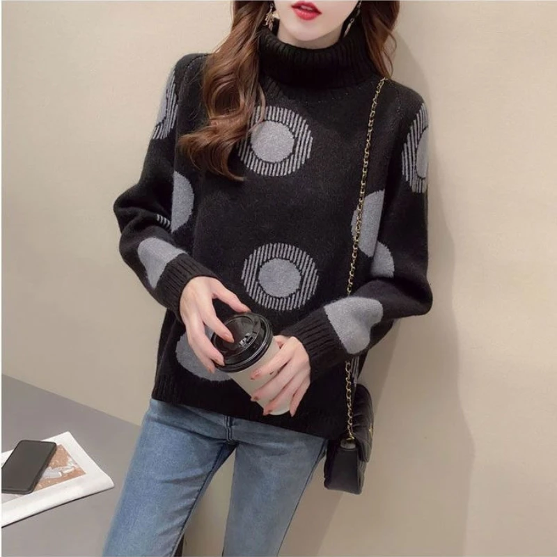 

New Autumn Korean Version Lazy Style Printed Plush Thick High Neck Loose and Versatile Western-style Knitted Sweater E11599