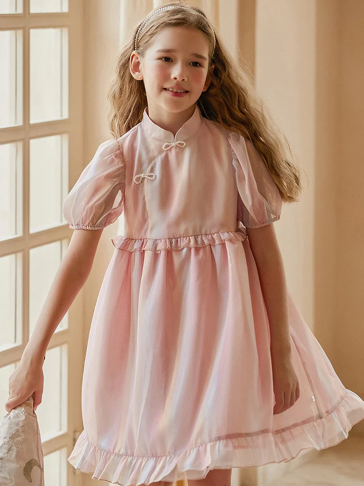 

Baby Girls Dresses 2022 Summer Gauze Fashion Cute Kids Clothing Wedding Bridesmaid Dress Short Sleeve Pink 3T 10T Children Wear