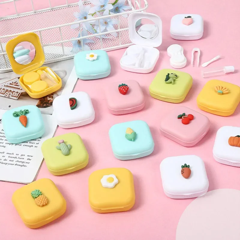 Women Mini Candy Color Contact Lens Case Beauty Contact Lens Container Girls Travel Holder Storage Eye Container with Mirror