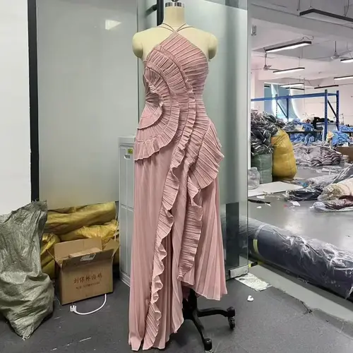 Imagen 2 del producto Vestido largo elegante de gasa Irregular con cuello Halter y borde de loto, vestido de vacaciones de alta calidad, vestidos de moda de fiesta para señora nueva 2025