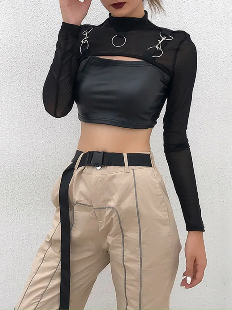 T-shirt da donna dolcevita hot top T-shirt sexy hip-hop gotica micro corta catena di metallo pizzo trasparente maglia manica lunga