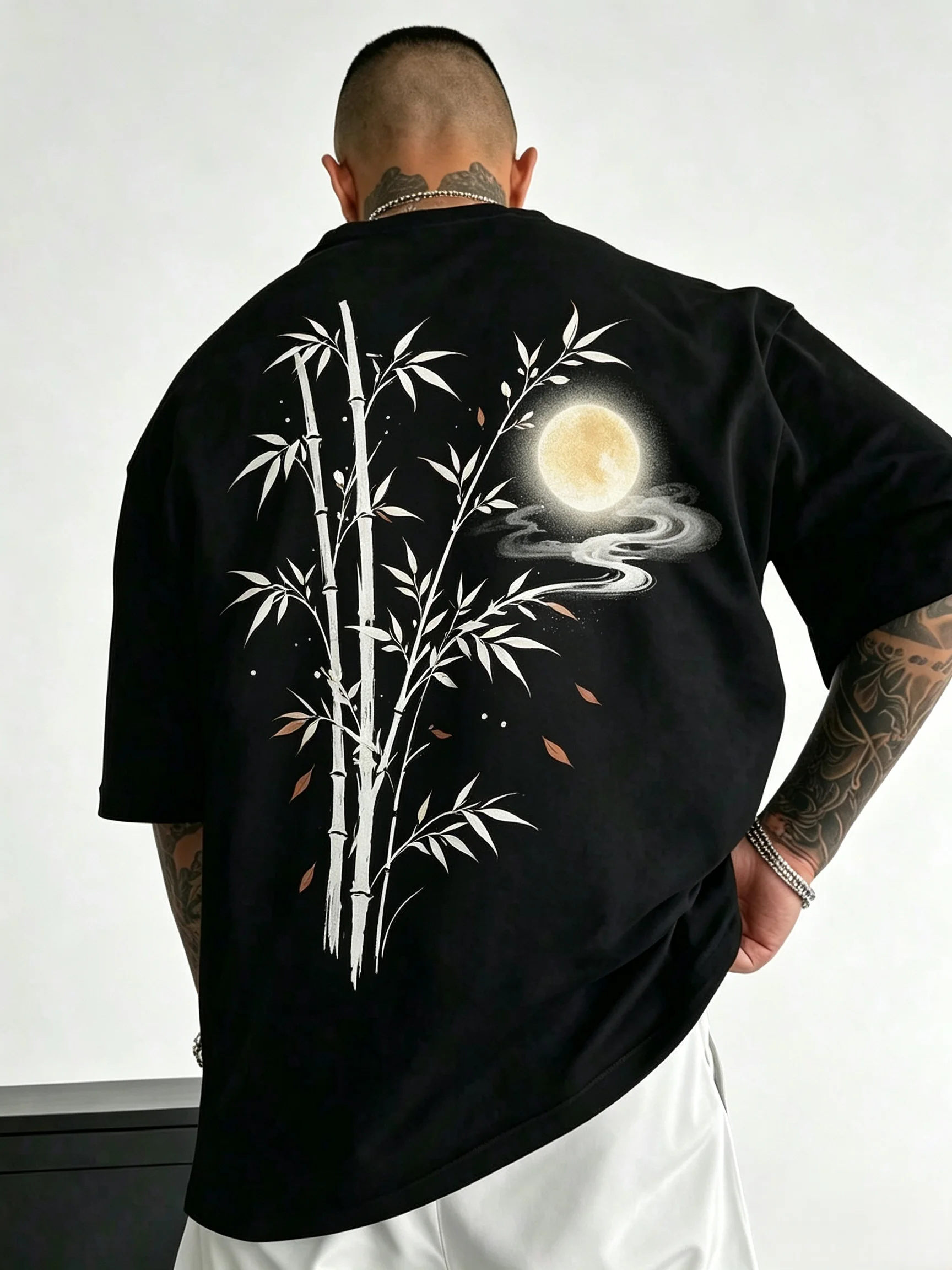 Unisex Chinese Bamboo Full Moon Graphic T-Shirt, Oriental Ink Cloud Back Print Oversized Tee, Zen Aesthetic Streetwear Black Loose Short Sleeve Tops