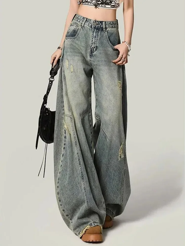 Women Y2K Hole Jeans Streetwear American Retro High Waist Loose Denim Pants Casual Hip Hop Vintage Pockets Lady Gothic Trousers