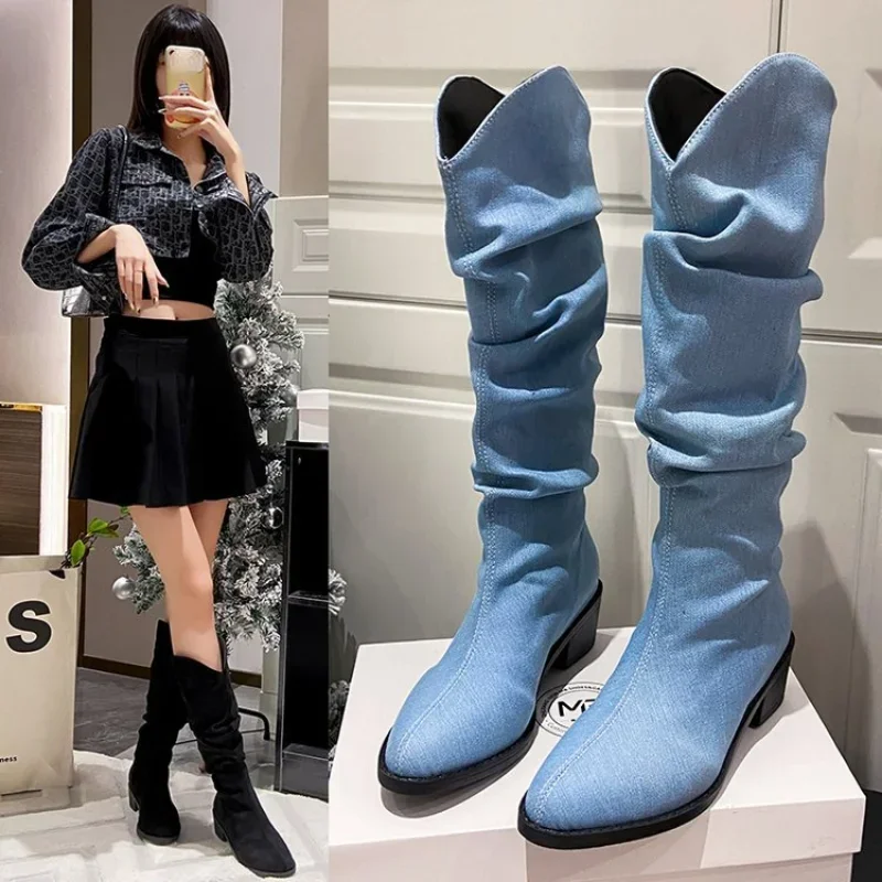 Denim Knee High Cowboy Boots for Women Autumn Pleated Chunky Heels Long Boots Woman Pointed Toe Low Heel Botas Mujer 2024