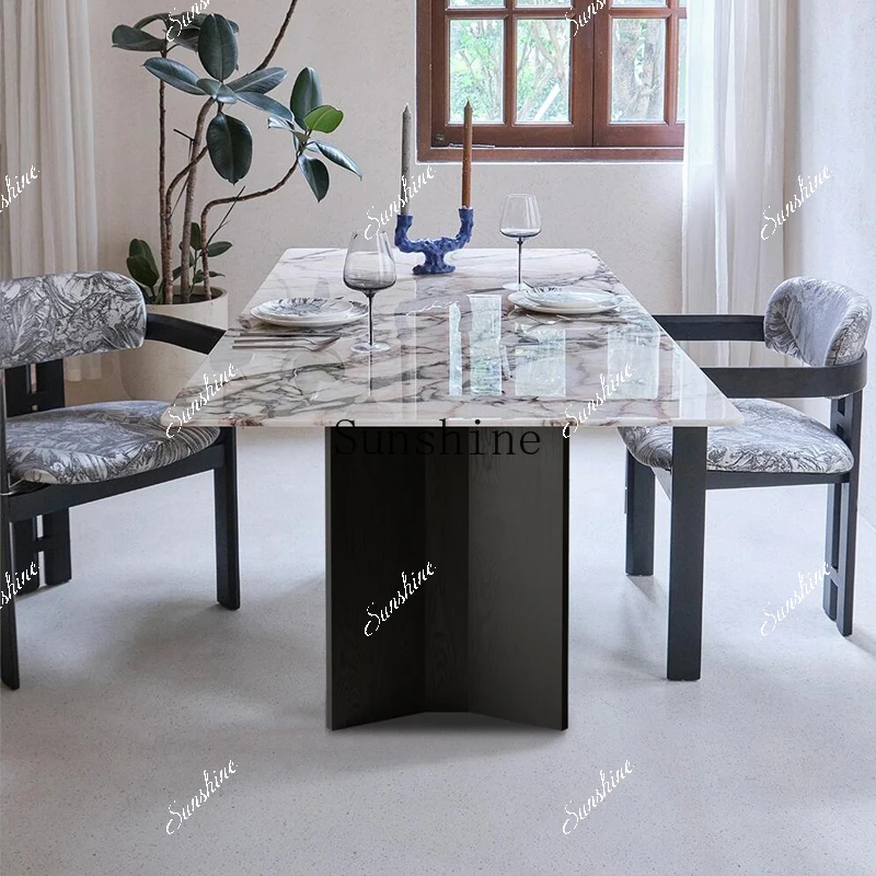 Natural elephant white luxury stone square dining table and chair combination Italian minimalist high custom dining table  FT