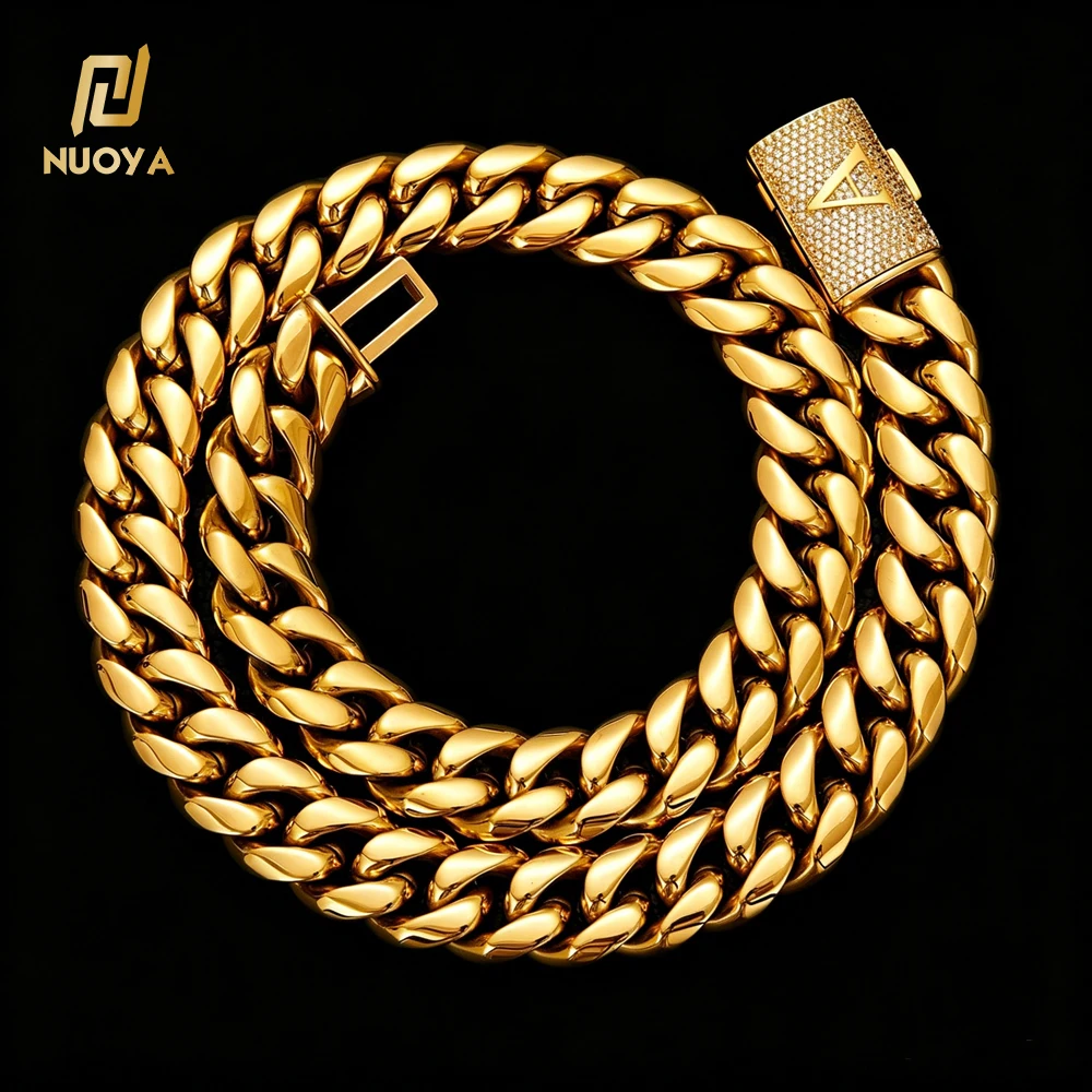 NUOYA 18K Gold Plated Silver Plated Cuban Jewelry Stainless Steel Thick Chain Brass CZ Letter A Buckle Ice Necklace Wholesale