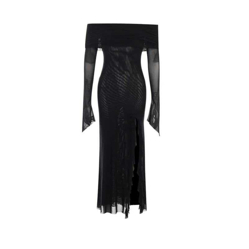 HOUZHOU vestido largo negro con hombros descubiertos para mujer, vestido elegante con volantes irregulares, vestidos de fiesta de noche divididos, vestido de encaje gótico Bodycon