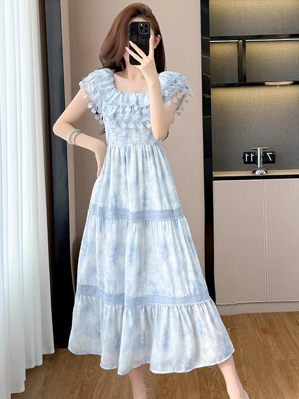 

Summer New Gentle Tea Break Long Dress French Style Double Layer Skirt Elastic Waist Chiffon Print Beach Holiday Slimming Dress