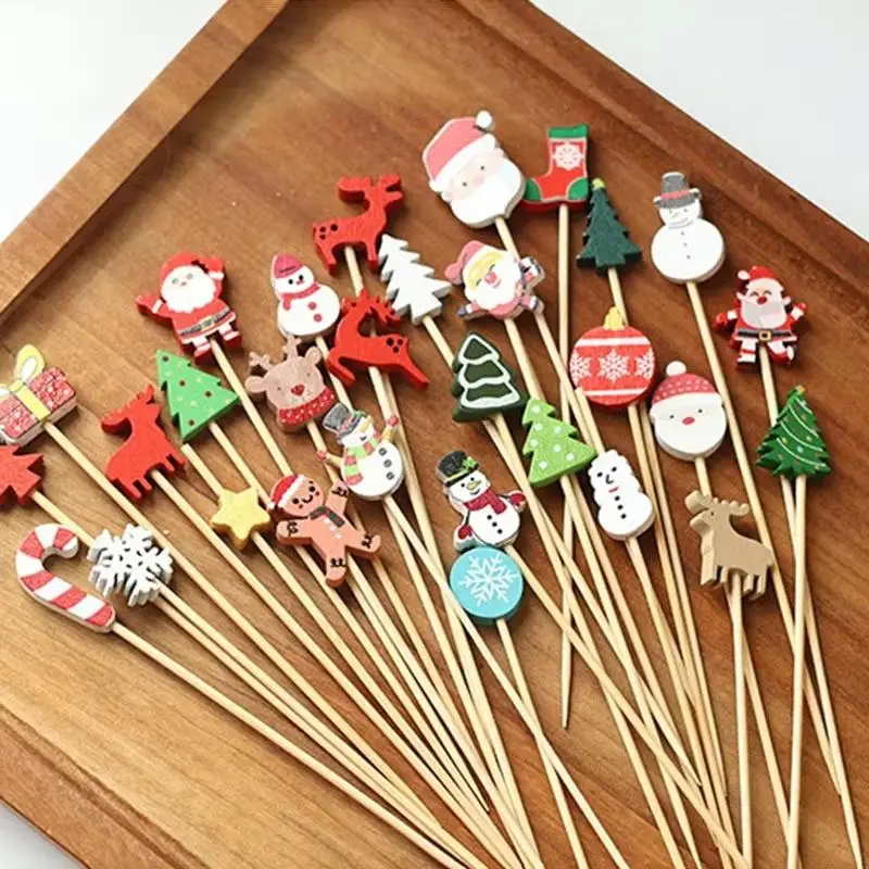 100pcs Disposable Bamboo Skewers Christmas Fruit Forks Candy Sticks Creative Cocktail Picks Party Decoration Bamboo Sticks - view 2