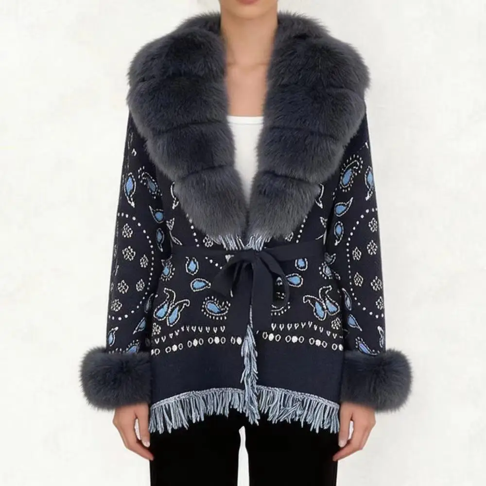 Jxwatcher Women's Knit Cardigan with Luxury Real Fox Fur Collar 2026 Fall Winter New Arrival Jacquard Sweater Fashion Outerwear