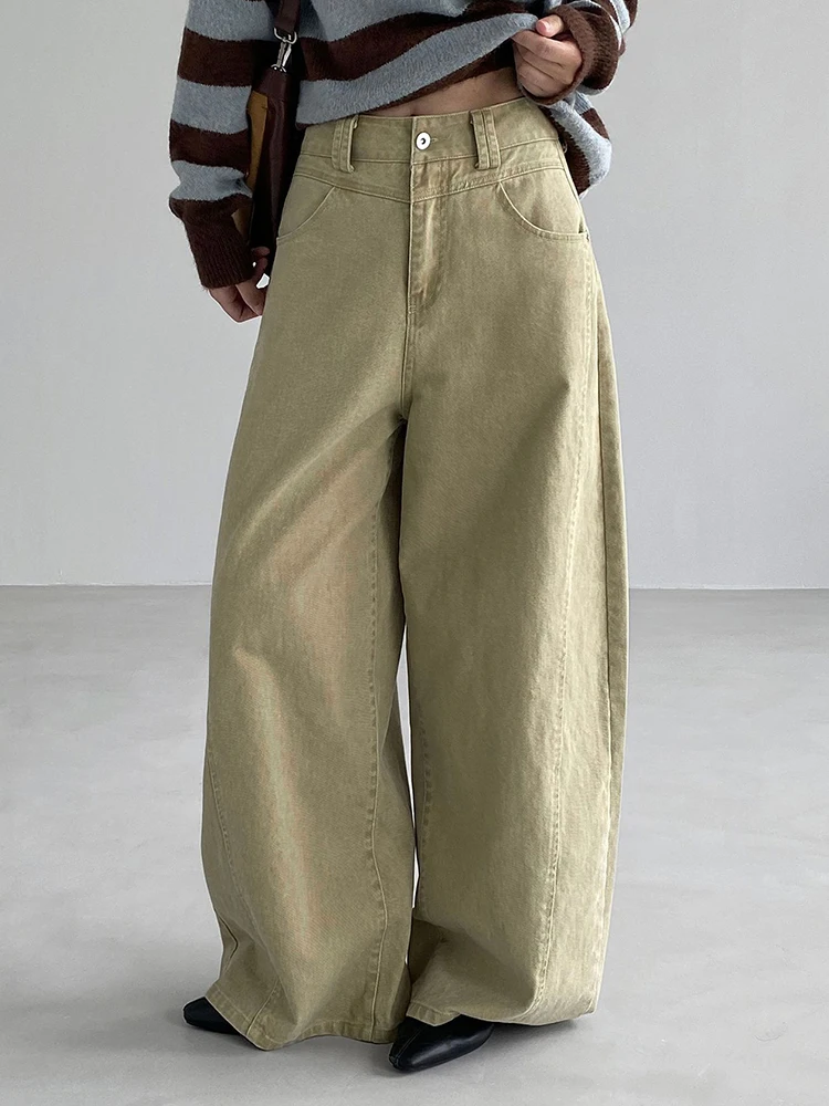 High Waist Khaki Pocket Vintage Denim Long Wide Leg Jeans Pants New Trousers Women Fashion Tide Spring Autumn