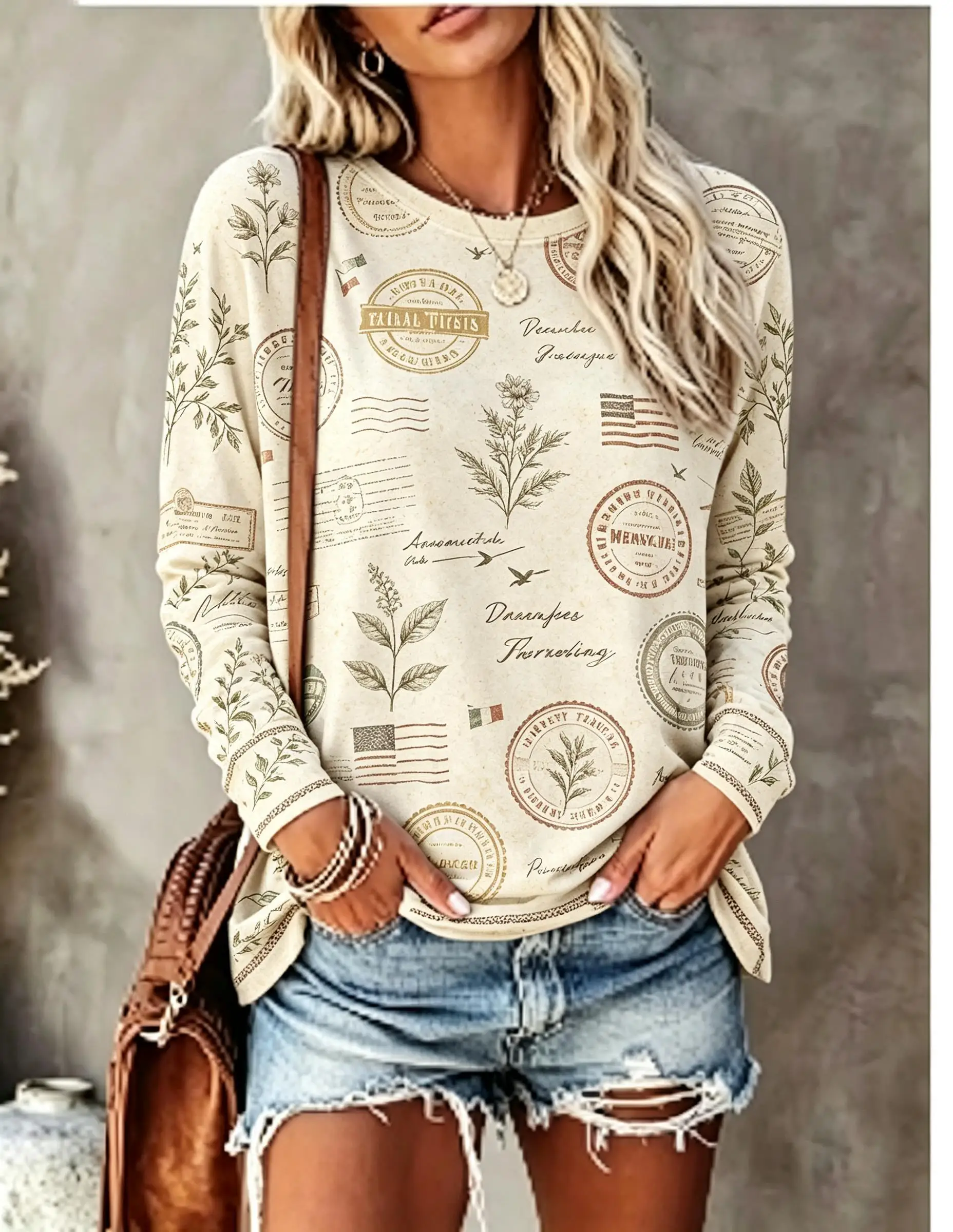 Women Long Sleeve T‑Shirt Vintage Nautical World Map Compass Sailboat Stamp Print Crew Neck Casual Tops
