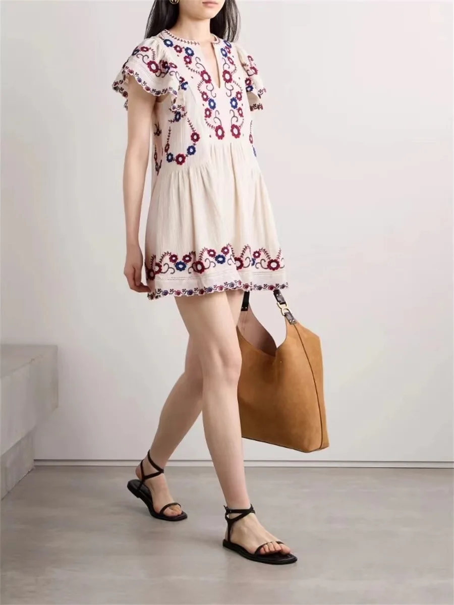 

Mini Dress for Women 2024 New Spring Summer Embroidery O-neck Loose Vintage Short Flying Sleeve Sling Robes