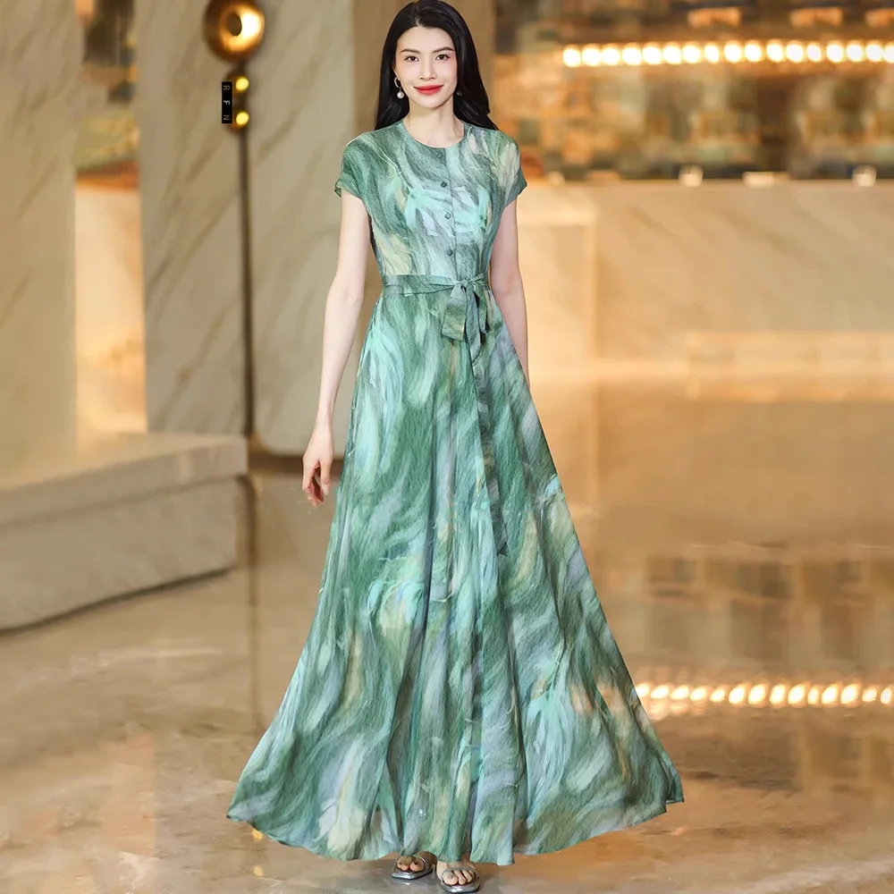 

New Women Ink Green Print Dress Summer Fashion O-Neck Short Sleeve High Waist Elegant Long Dress Casual Simplicity Slim Dress