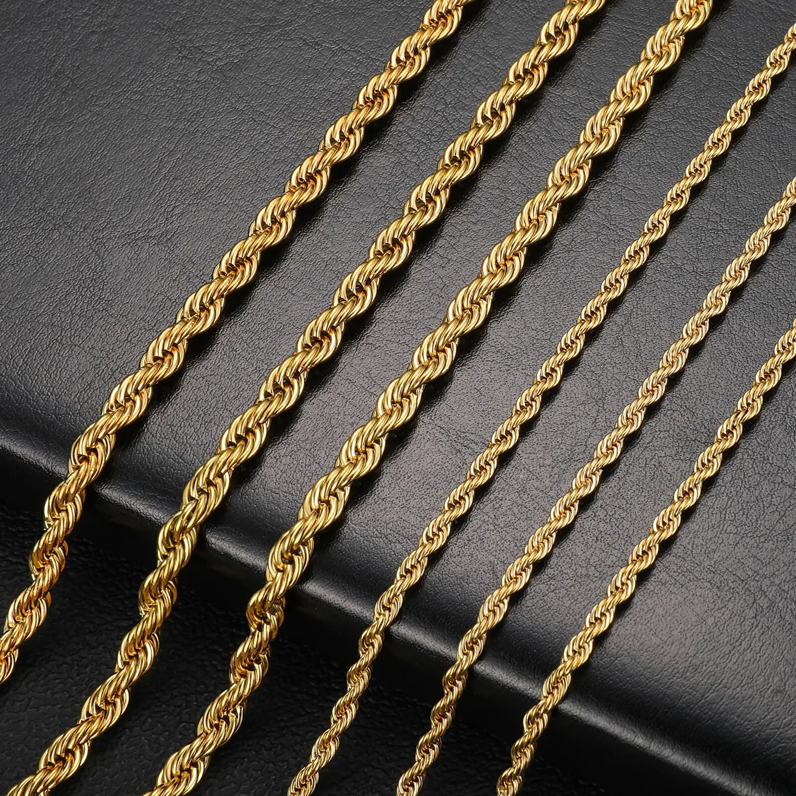 2-6MM Gold Color Twisted Rope Chain Necklace Stainless Steel Never Fade Waterproof Choker For Men Women Fashion Jewelry