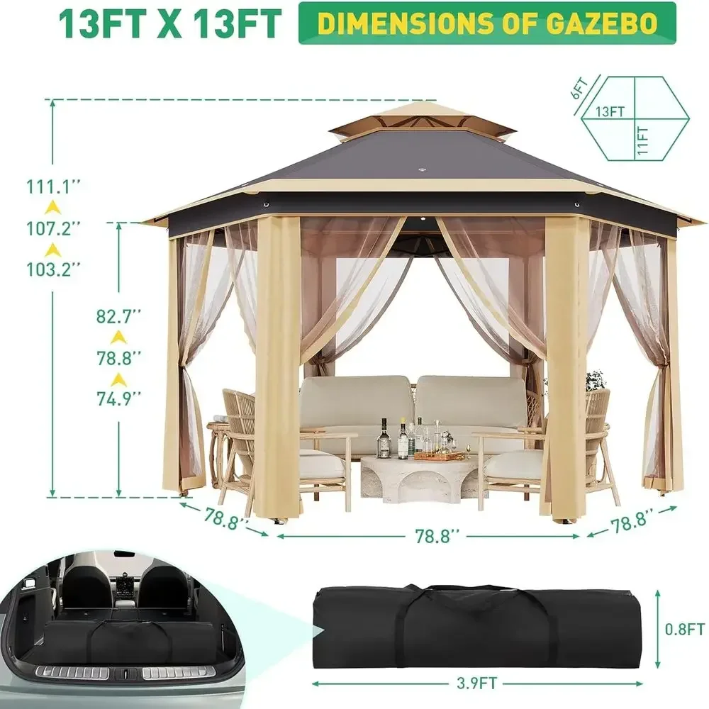 13x13 Mesh-Covered Adjustable Height Outdoor Gazebo with Carry Bag - Khaki