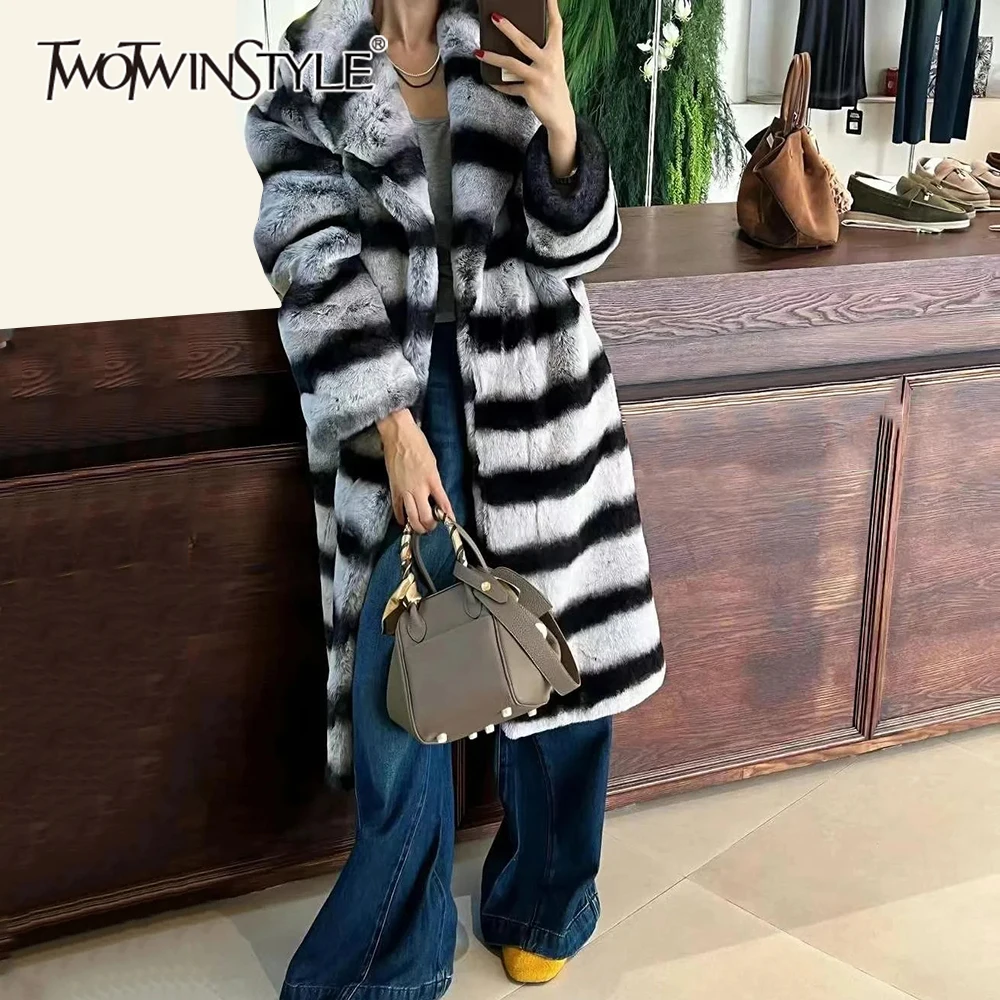 TWOTWINSTYLE Hit Color Loose Fur Coats For Women Lapel Long Sleeve Temperament Minimalist Casial Coat Female Fashion Style New