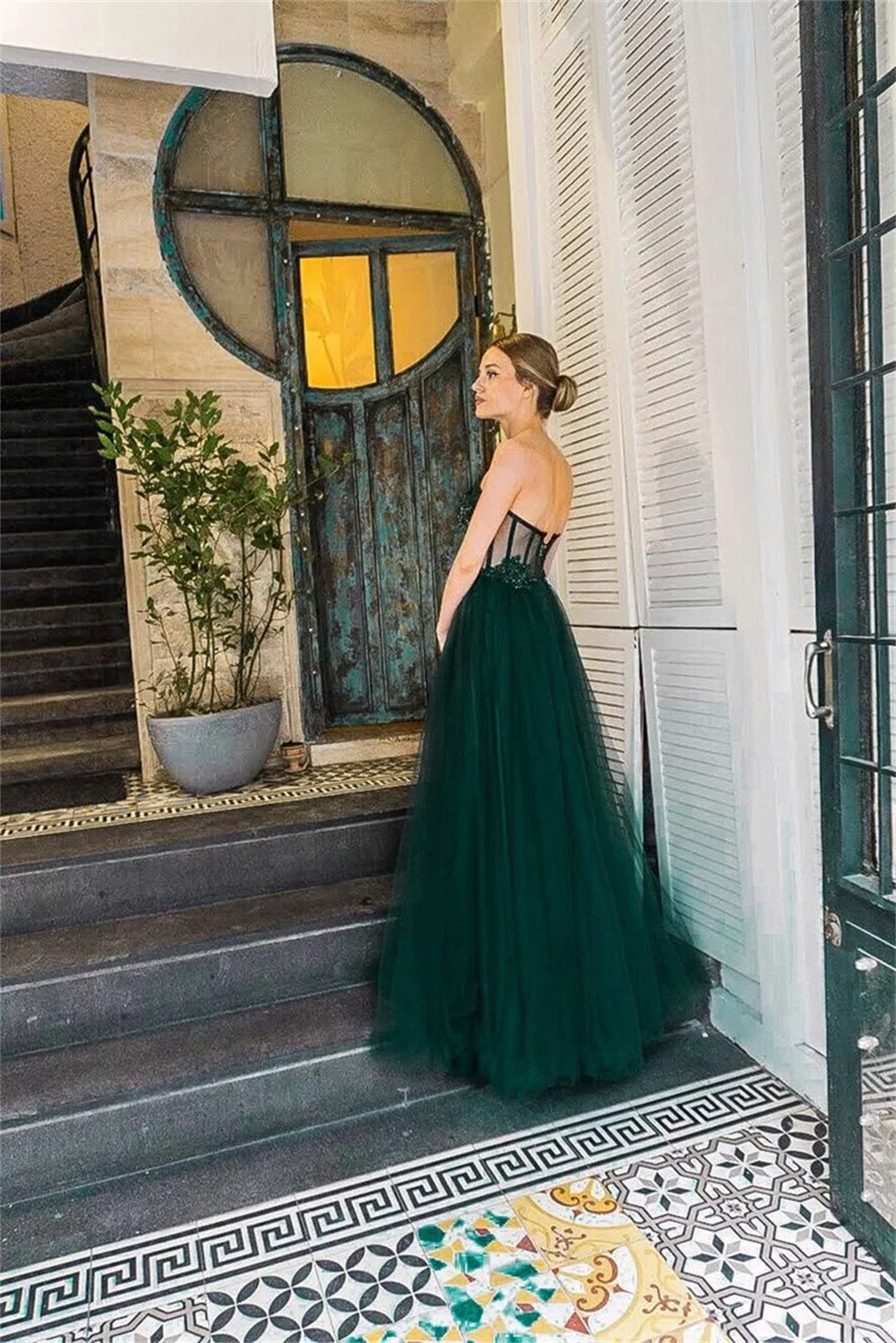 Sansa Dark Green Strapless Birthday Party Dress A-line فساتين السهرة Sweet Sequins On Chest Vestidos De Noche Sexy Prom Dresses