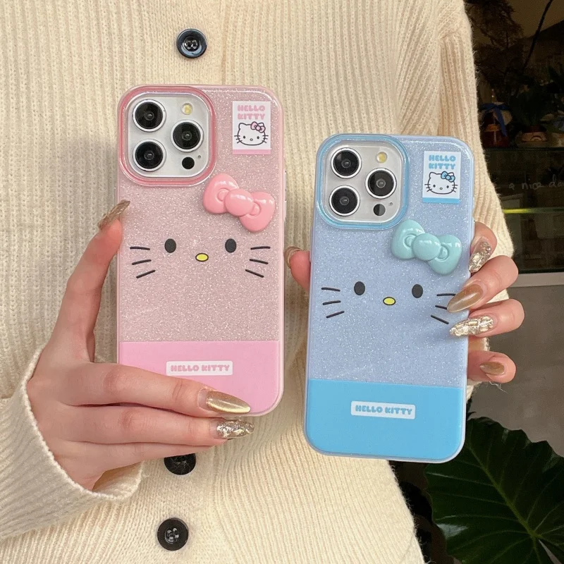 

New Sanrio Pink Hello Kitty Cartoon 3D Bow Phone Case For Apple iPhone 15 Pro 16 15 14 Pro Max Anti Fall Lovely Silicone Case