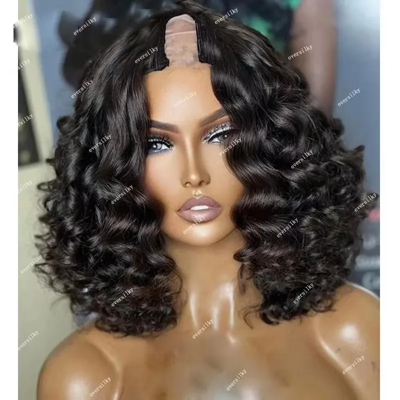 

Бесшовный парик с глубокой волной и U-образным вырезом, 100% натуральные необработанные индийские волосы Реми, V-образный парик с волнистыми прядями, плотность 250%, полный объем, без кружевной основы