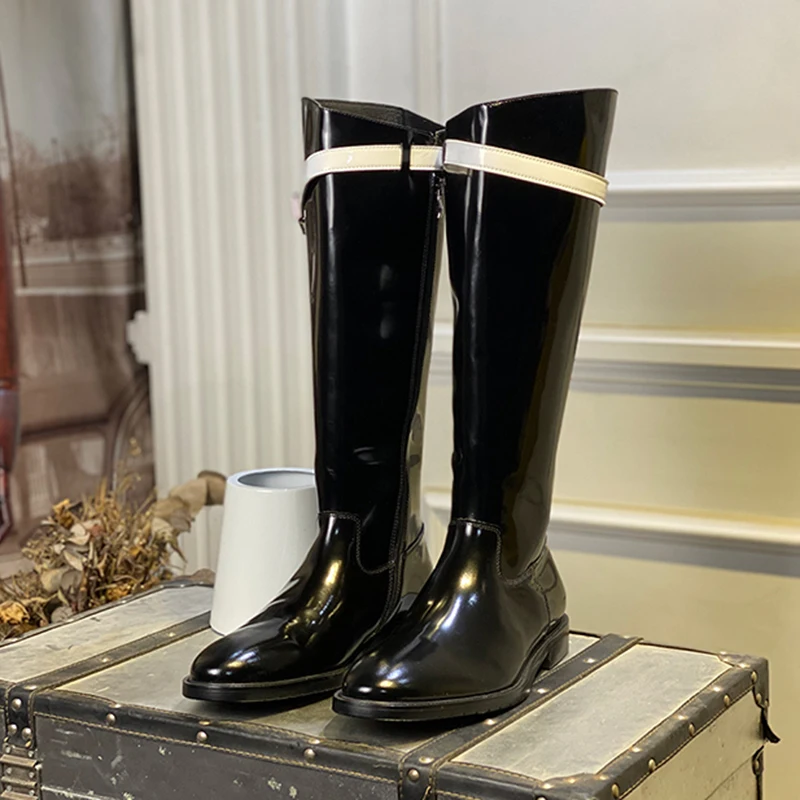 JINIWU 2026 Powerful‑Presence Cowhide Riding Boots, Extra‑Tall Wide‑Calf Men’s Leather Buckle Shiny Black Genuine Leather Boots