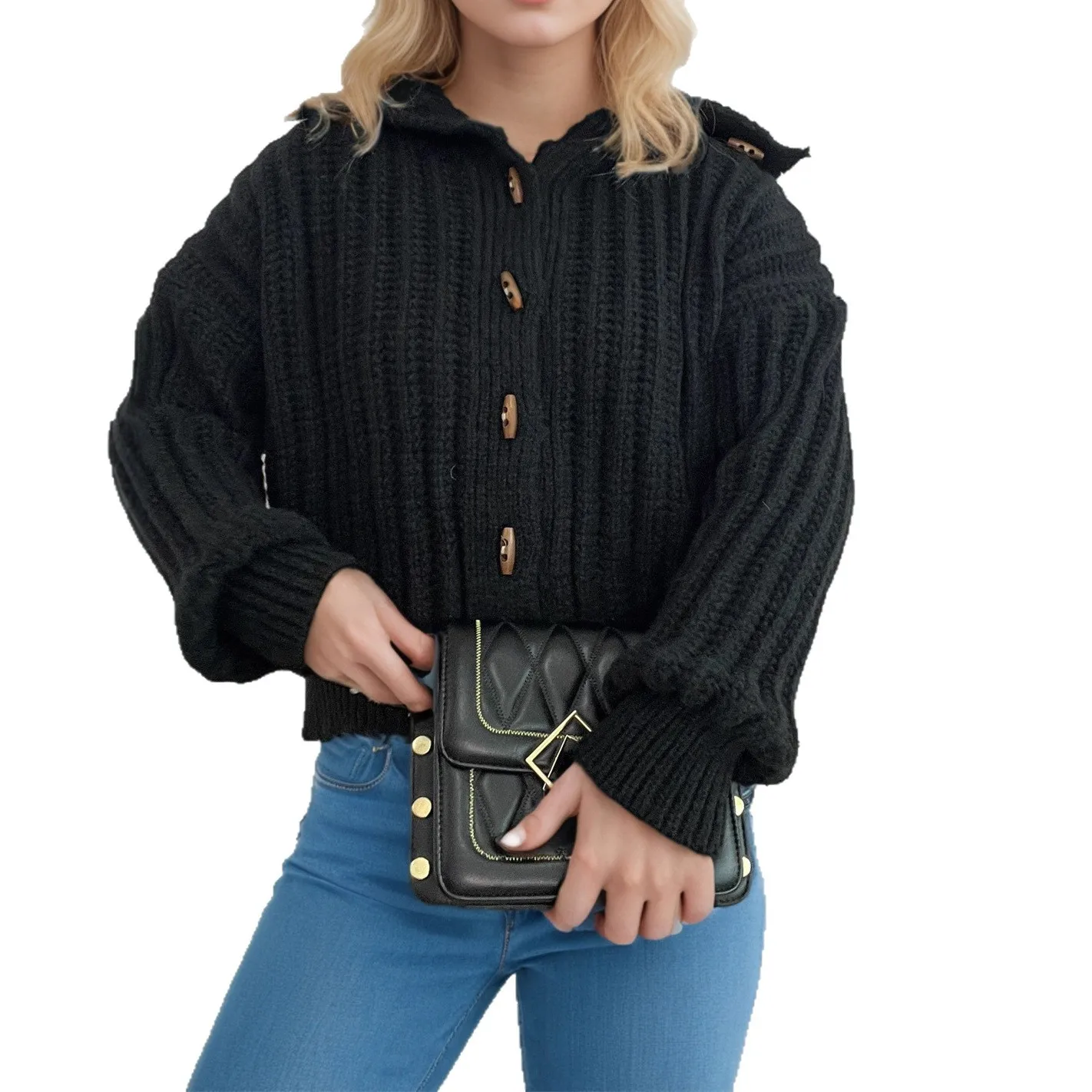 2025 Autumn Winter New Vintage Knitted Cardigan Turn-down Collar Casual Horn Button Fashion Unique Sweater Coat