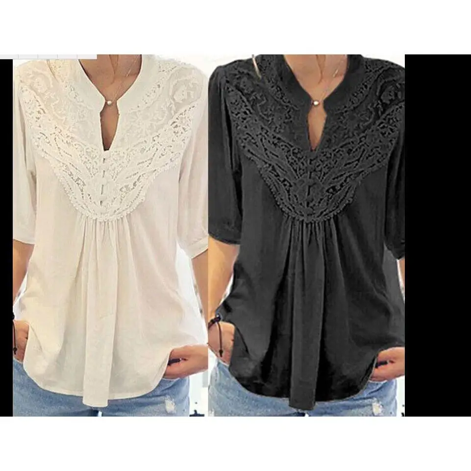 T-shirt à col creux en dentelle pour femmes, coupe ample, lanterne en Fiber de Polyester, Sve Five Quarter Sve Color