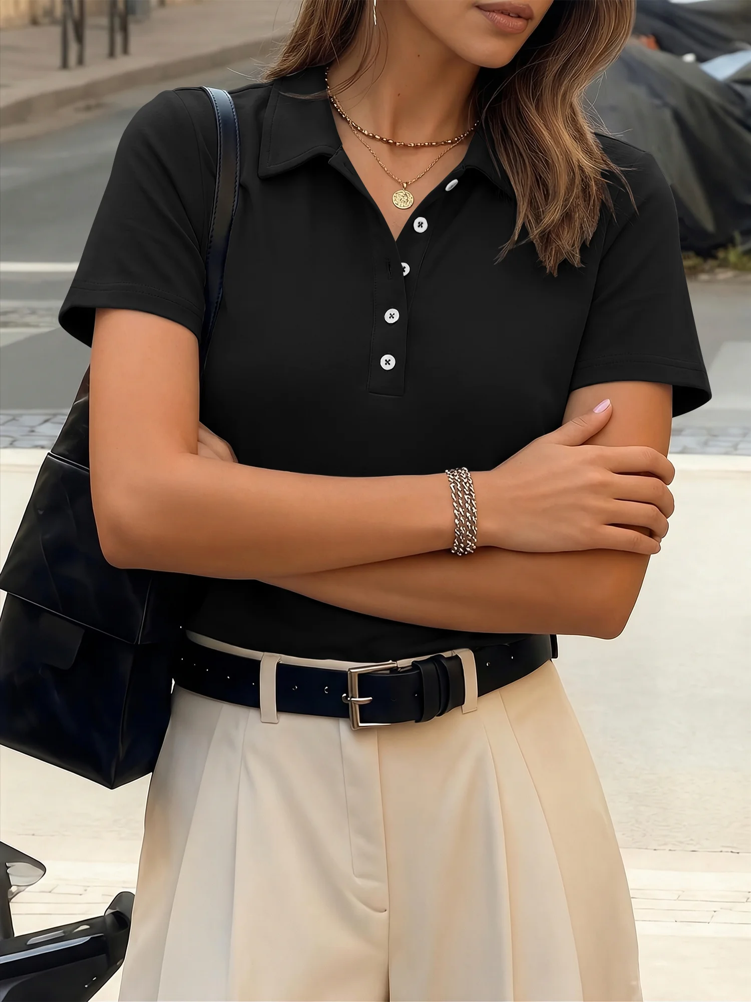 Streetwear Style Ladies Lapel Polo Shirts Half Button Short Sleeve Slim Fit Solid Tees Casual Daily Going Out Summer Blouse Tops