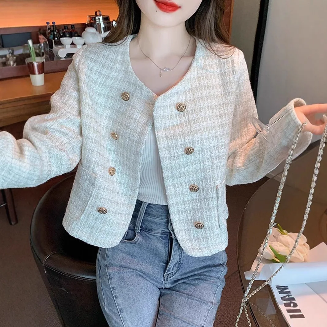 Women's beige tweed short jacket 2026 new spring and autumn small fragrance style top