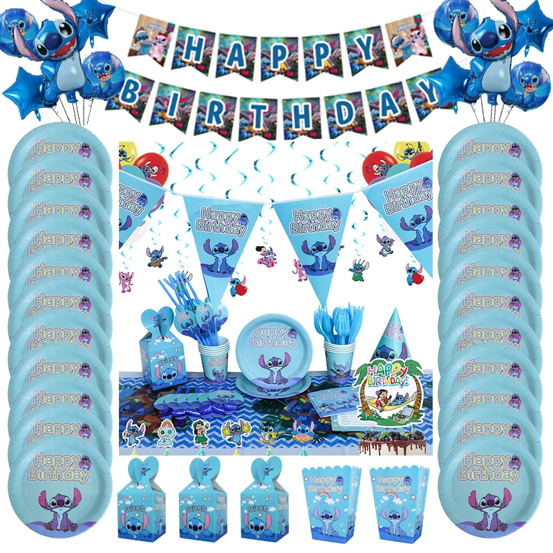 Disney Lilo Stitch Cartoon Party Paper Plates Cup Flag 32inch Number Foil Balloons Birthday Baby Shower Kids Festival Supplies