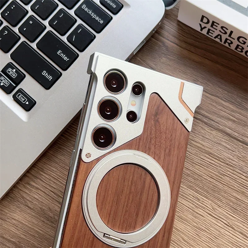 Etui do Samsung Galaxy S25 Ultra S22 S23 S24 S26, drewno orzechowe, metalowy bumper, bezramkowe, pancerne, 360 stopni °   Obrotowa osłona magnetyczna — zdjęcie produktu 5