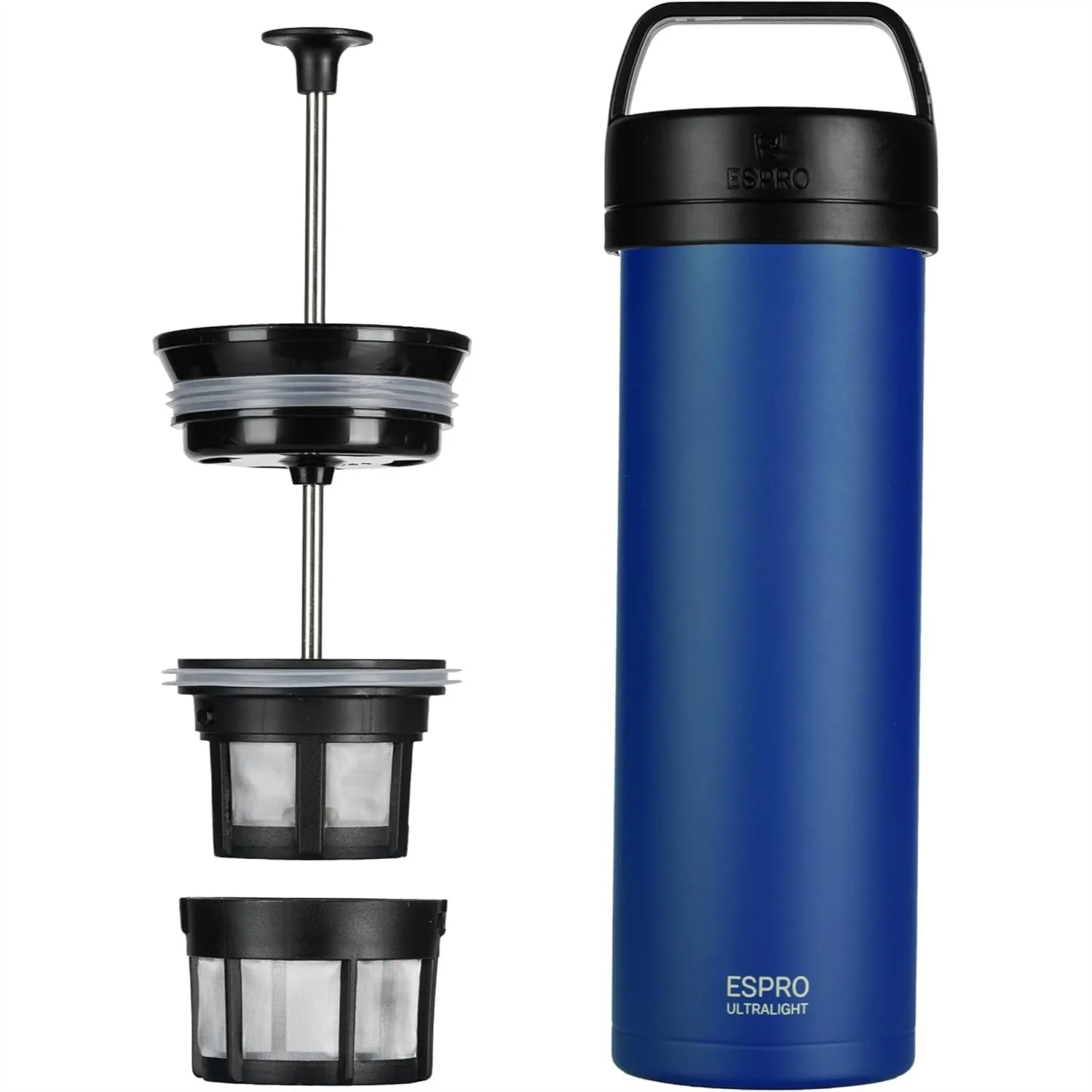Ultralight French Press Coffee Maker for Travel, Vacuum Insulated Stainless Steel, 16oz, Blue