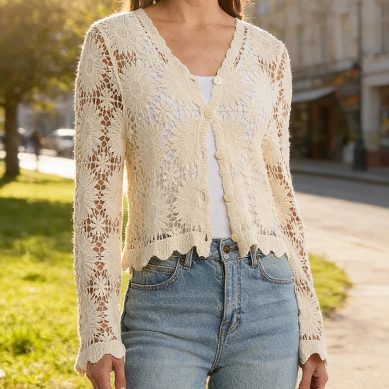 Daisy Crochet Cardigan Women Embroidered Floral Long Sleeve Button Up Blouse Open-stitch Beach Cover-Up Boho Spring Summer 2026