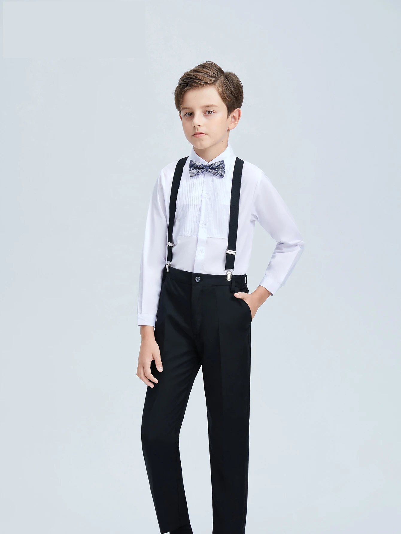 4pcs/set Boys\' Suit Set With  Shirt , Pants  Tie And Straps School Uniforms