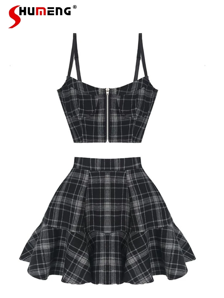 

Панк HotSweet Стиль Плед Тонкий V-образный вырез на молнии Короткая майка с высокой талией Короткая юбка трапециевидной формы Костюм из двух предметов Женская одежда Лето