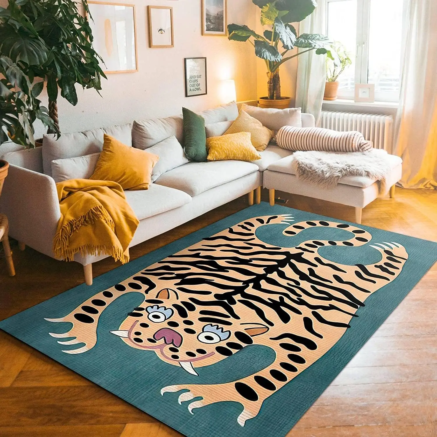 VIKAMA Cartoon Cute Tiger Carpet Living Room Bedroom Retro Stylish Cushion Home Decor Children's Room Non-Slip Abstract Carpet