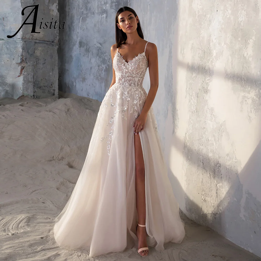 

Sexy A-line Wedding Dress Sparkling V Neck Spaghetti Straps Tulle Sequined Lace Bride Dress High Slit Bridal Gown Robe Mariage