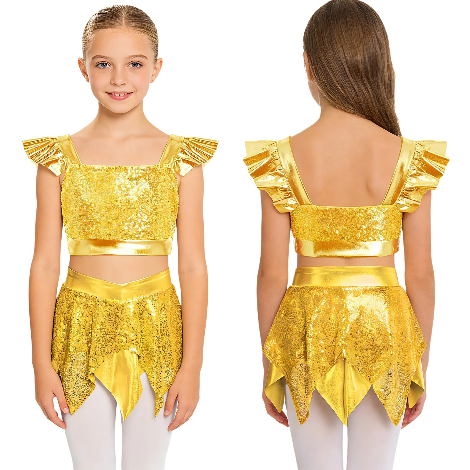 

Детский костюм для хип-хопа и джазовых танцев для девочек: укороченный топ с рюшами на рукавах, пайетками и металлическим блеском, с юбкой и встроенными трусиками, форма для чирлидинга