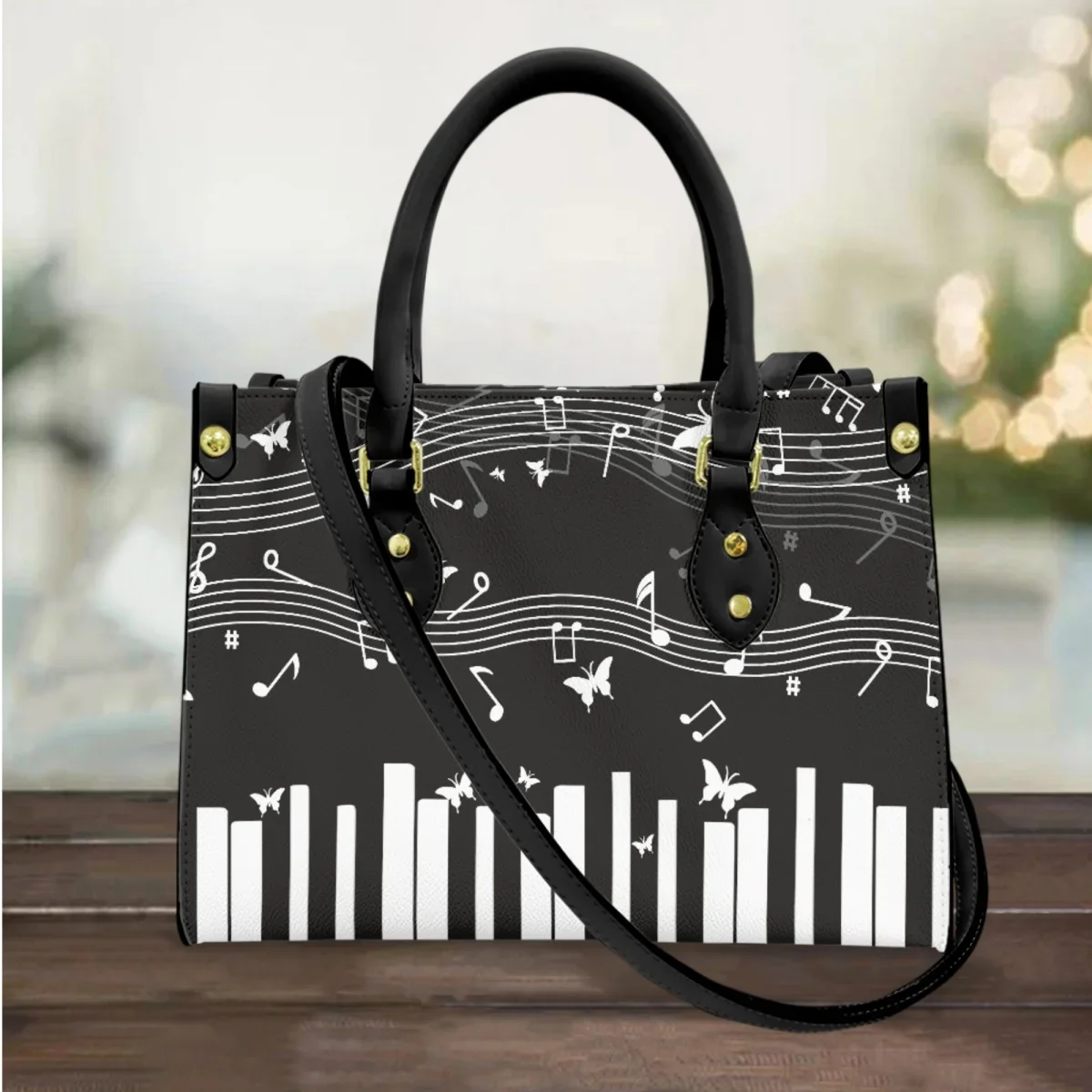 Luxury Designer Piano Note Printing PU Leather Handbag Fashion Long Shoulder Strap Top Handle Messenger Bag Outdoor Street Totes