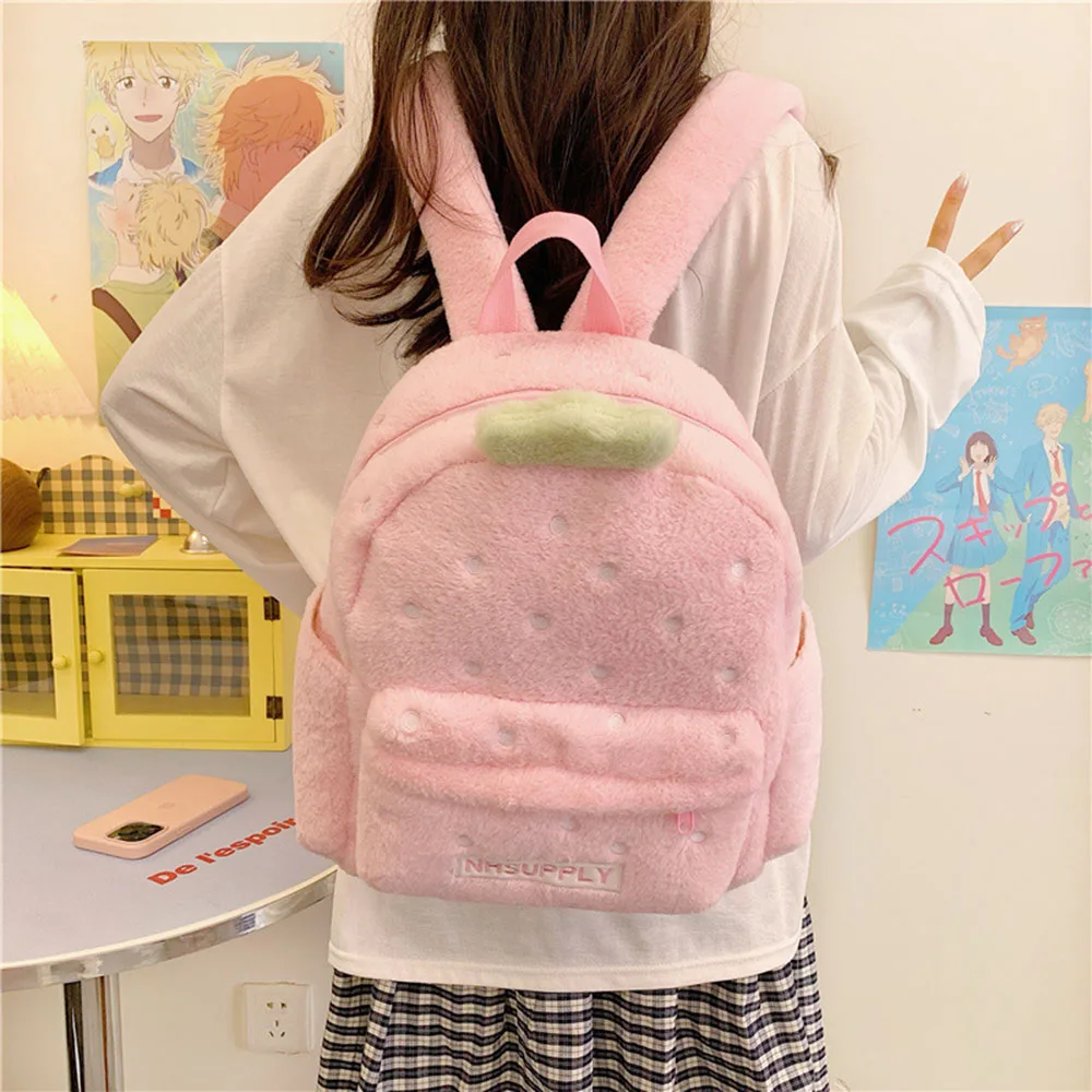 Kawaii Style Backpack Pink Strawberry Plush Backpack Soft Fluffy Large Capacity School Book Bag Daily Travel Rucksack For Girls